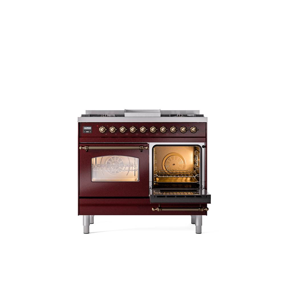 40'' Nostalgie II Series Freestanding Dual Fuel Range - Double Oven - Burgundy - Bronze trim - Griddle - Natural Gas