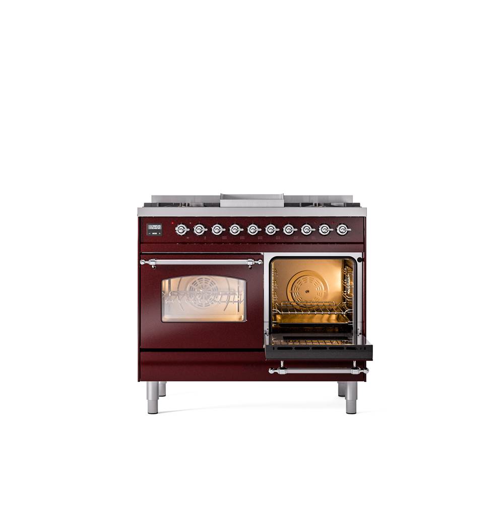 40'' Nostalgie II Series Freestanding Dual Fuel Range - Double Oven - Burgundy - Bronze trim - Griddle - Natural Gas