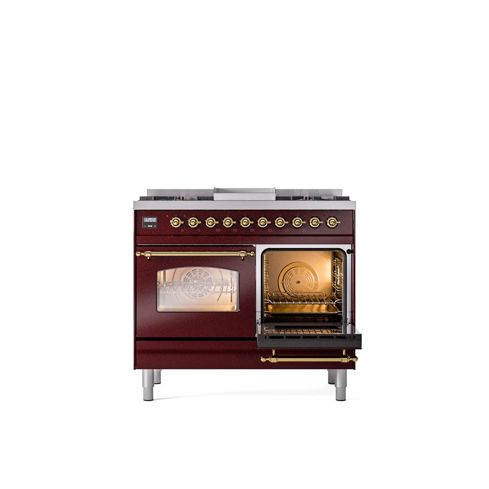 40'' Nostalgie II Series Freestanding Dual Fuel Range - Double Oven - Burgundy - Bronze trim - Griddle - Natural Gas