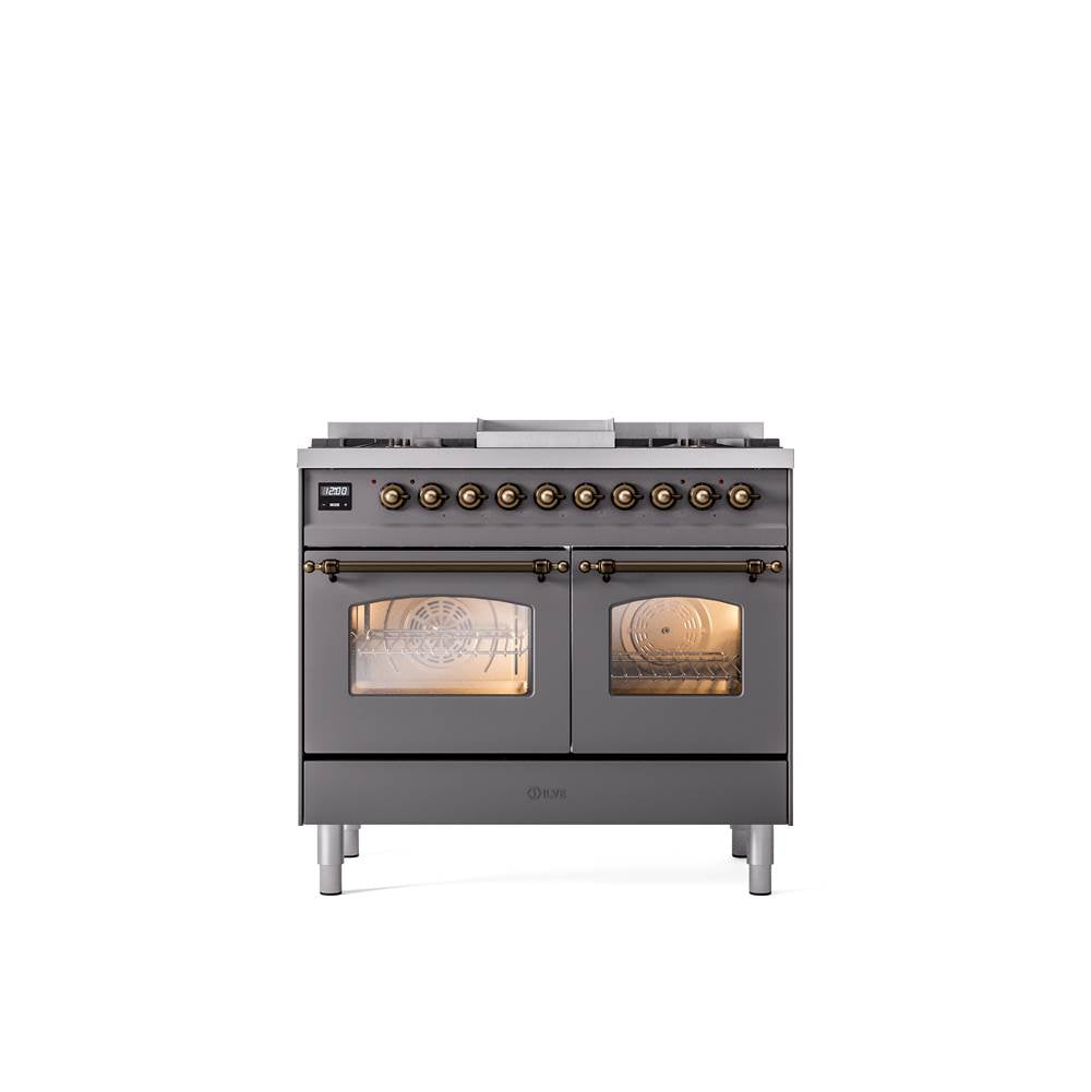 ILVE - 40'' Nostalgie II Series Freestanding Dual Fuel Range - Double Oven - Matte Graphite - Bronze trim - Griddle - Natural Gas - Bronze
