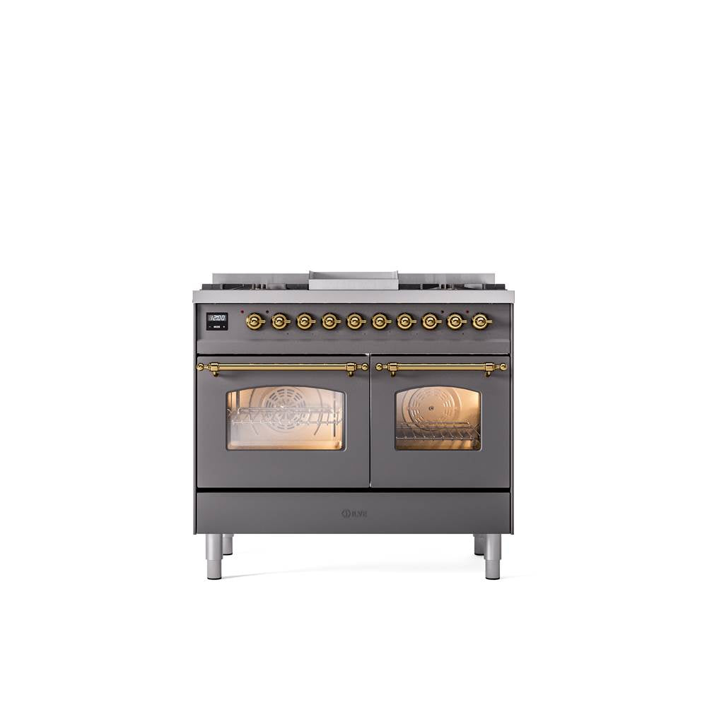 ILVE - 40'' Nostalgie II Series Freestanding Dual Fuel Range - Double Oven - Matte Graphite - Brass trim - Griddle - Natural Gas - Brass