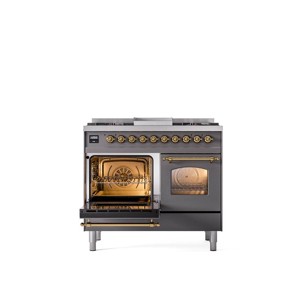 40'' Nostalgie II Series Freestanding Dual Fuel Range - Double Oven - Matte Graphite - Bronze trim - Griddle - Natural Gas