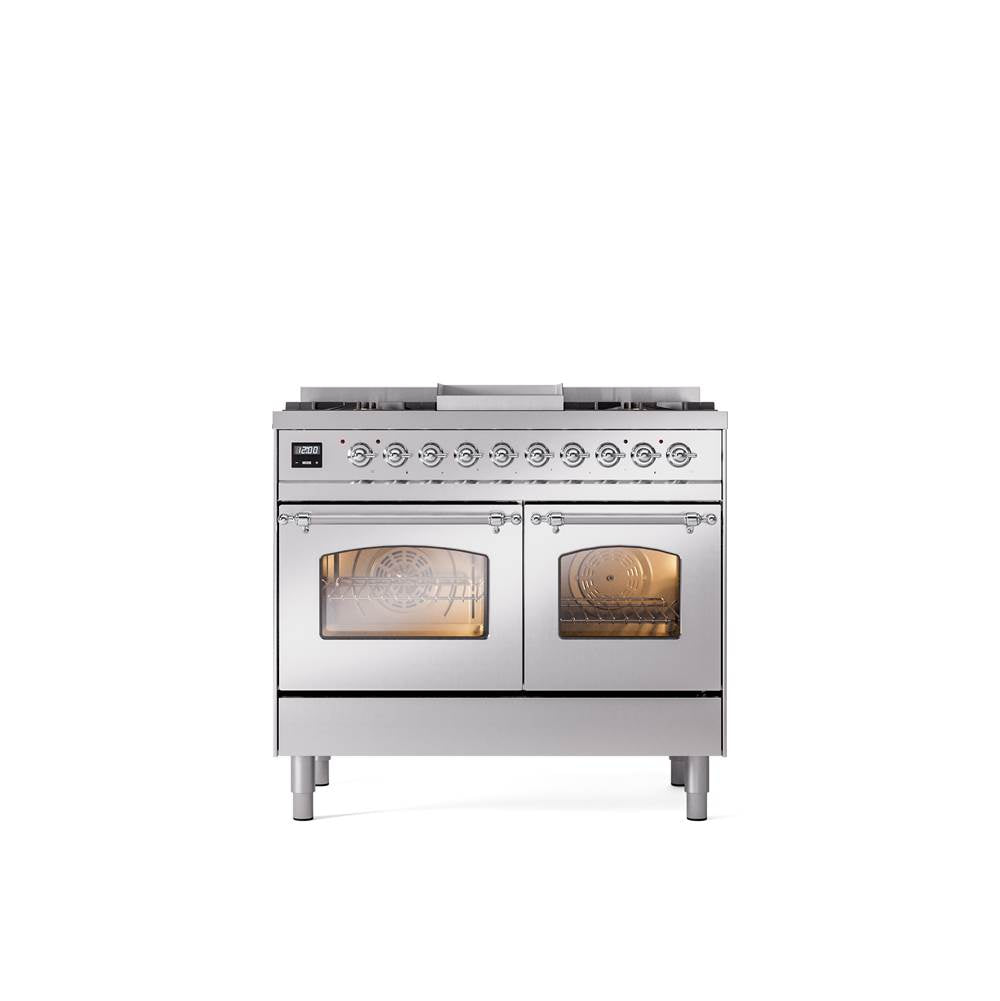 ILVE - 40'' Nostalgie II Series Freestanding Dual Fuel Range - Double Oven - Stainless Steel - Chrome trim - Griddle - Natural Gas - Chrome