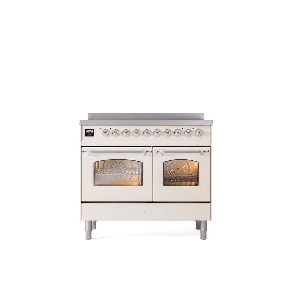ILVE - 40'' Nostalgie II Series Freestanding Electric Induction Range - Double Oven - Antique White - Chrome trim - Chrome