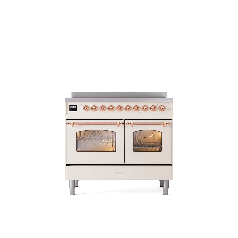 ILVE - 40'' Nostalgie II Series Freestanding Electric Induction Range - Double Oven - Antique White - Copper trim - Copper