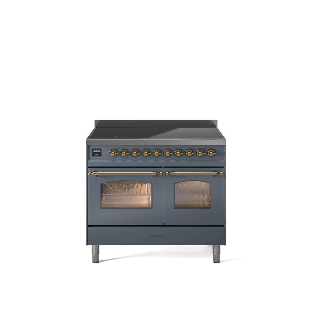 40'' Nostalgie II Series Freestanding Electric Induction Range - Double Oven - Blue Grey - Bronze trim