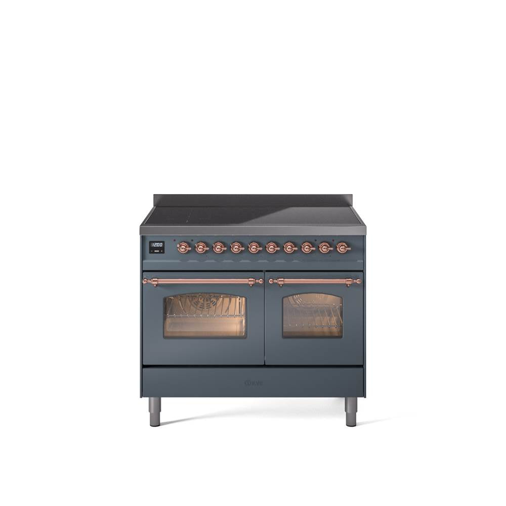 40'' Nostalgie II Series Freestanding Electric Induction Range - Double Oven - Blue Grey - Bronze trim