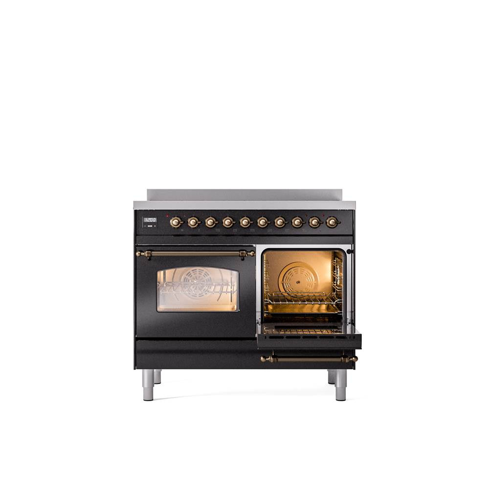 40'' Nostalgie II Series Freestanding Electric Induction Range - Double Oven - Glossy Black - Bronze trim