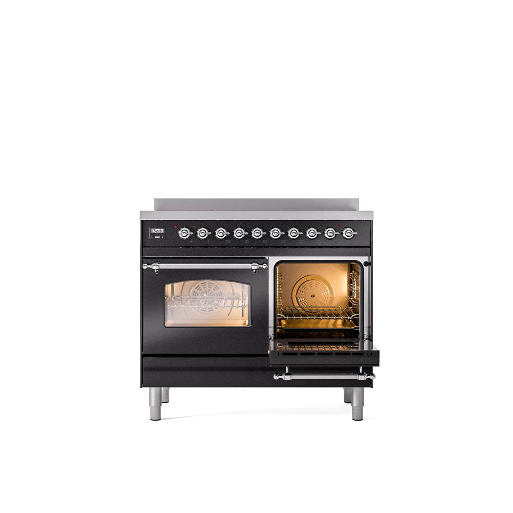 40'' Nostalgie II Series Freestanding Electric Induction Range - Double Oven - Glossy Black - Bronze trim