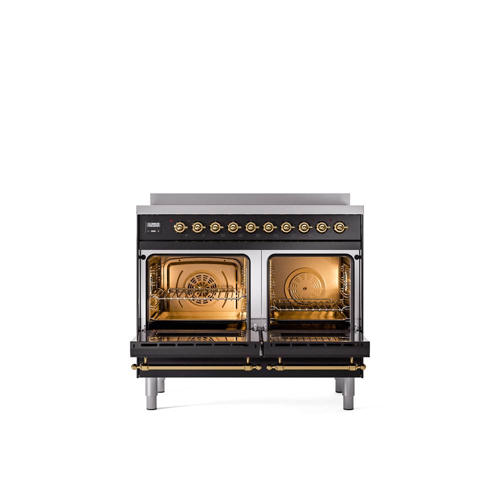 40'' Nostalgie II Series Freestanding Electric Induction Range - Double Oven - Glossy Black - Bronze trim