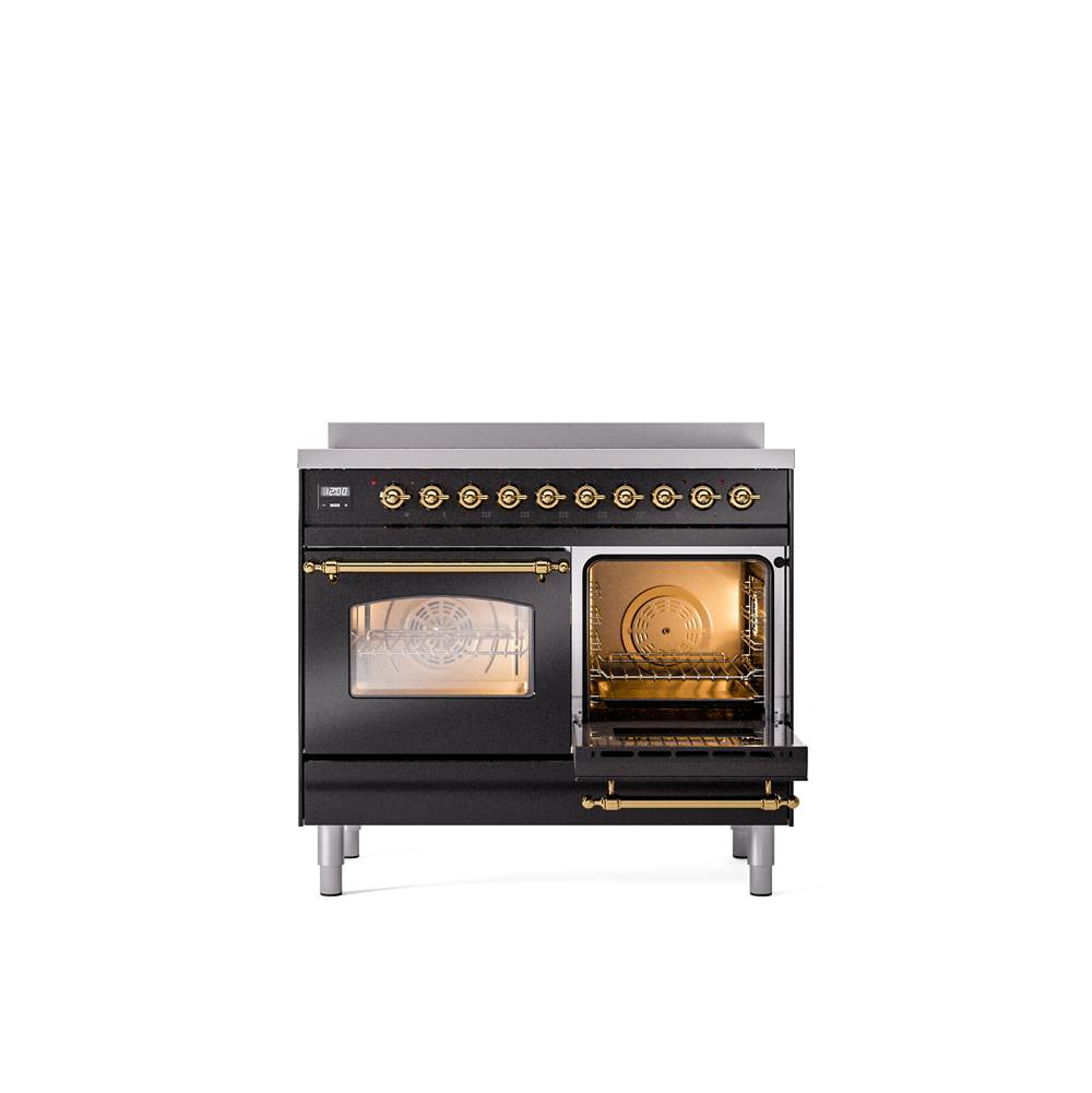 40'' Nostalgie II Series Freestanding Electric Induction Range - Double Oven - Glossy Black - Bronze trim