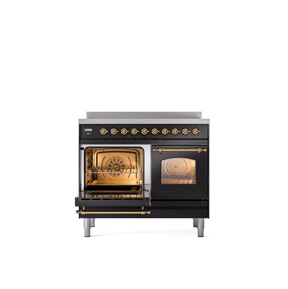 40'' Nostalgie II Series Freestanding Electric Induction Range - Double Oven - Glossy Black - Bronze trim
