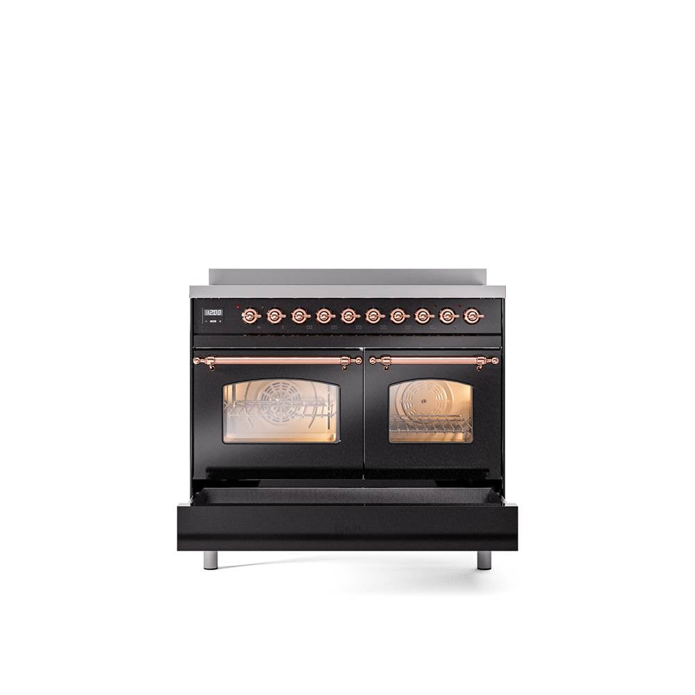 40'' Nostalgie II Series Freestanding Electric Induction Range - Double Oven - Glossy Black - Bronze trim