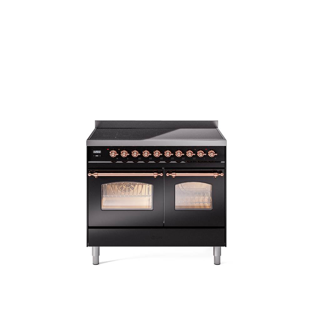 40'' Nostalgie II Series Freestanding Electric Induction Range - Double Oven - Glossy Black - Bronze trim