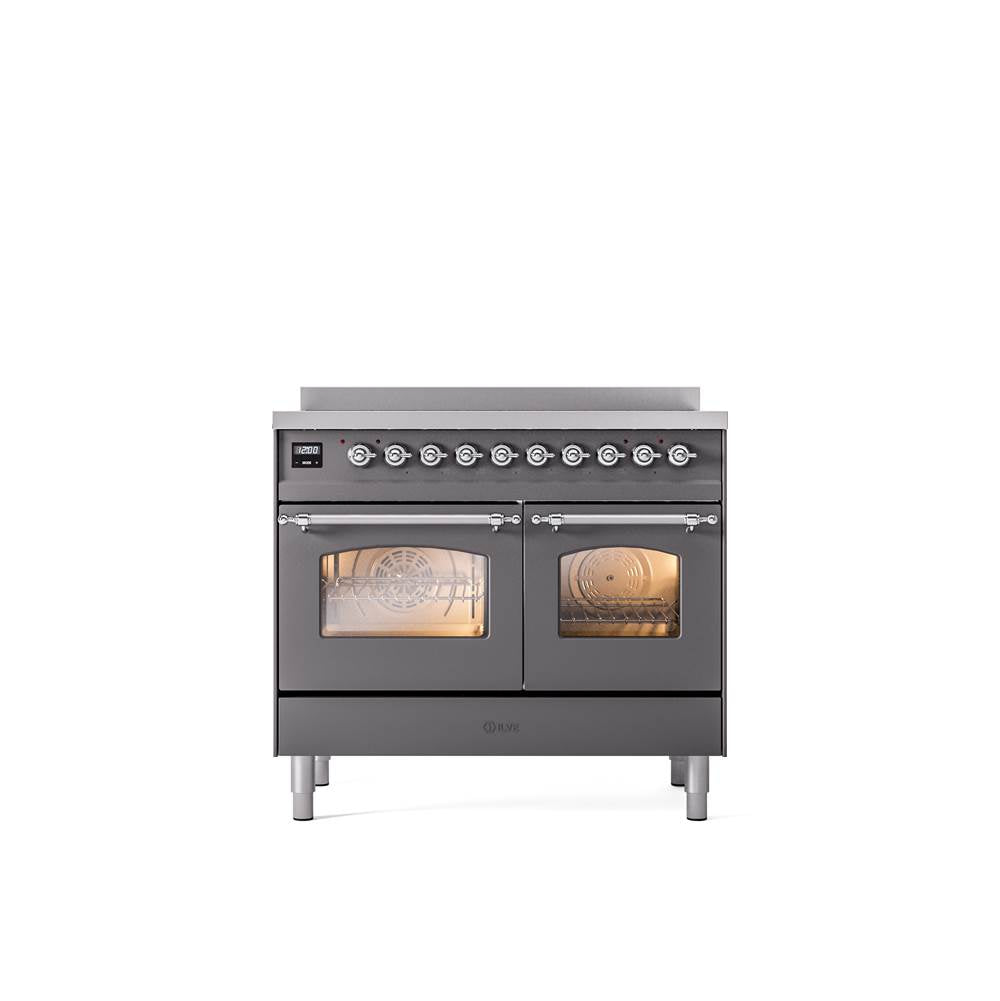ILVE - 40'' Nostalgie II Series Freestanding Electric Induction Range - Double Oven - Matte Graphite - Chrome trim - Chrome