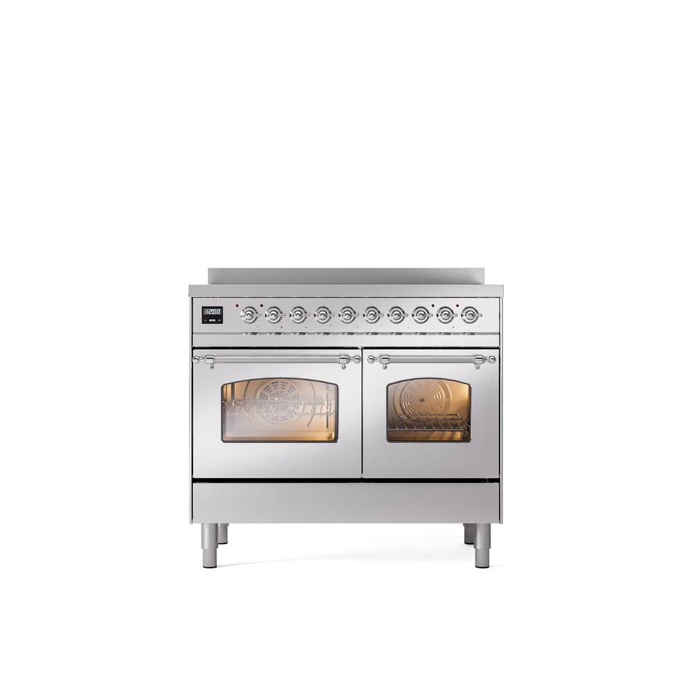 ILVE - 40'' Nostalgie II Series Freestanding Electric Induction Range - Double Oven - Stainless Steel - Chrome trim - Chrome