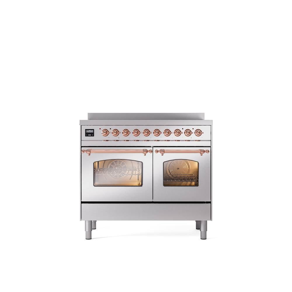 ILVE - 40'' Nostalgie II Series Freestanding Electric Induction Range - Double Oven - Stainless Steel - Copper trim - Copper
