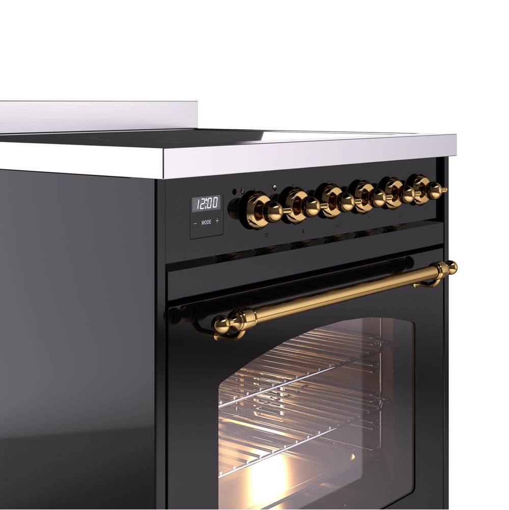30'' Nostalgie II Series Freestanding Electric Induction Range - Glossy Black - Bronze trim