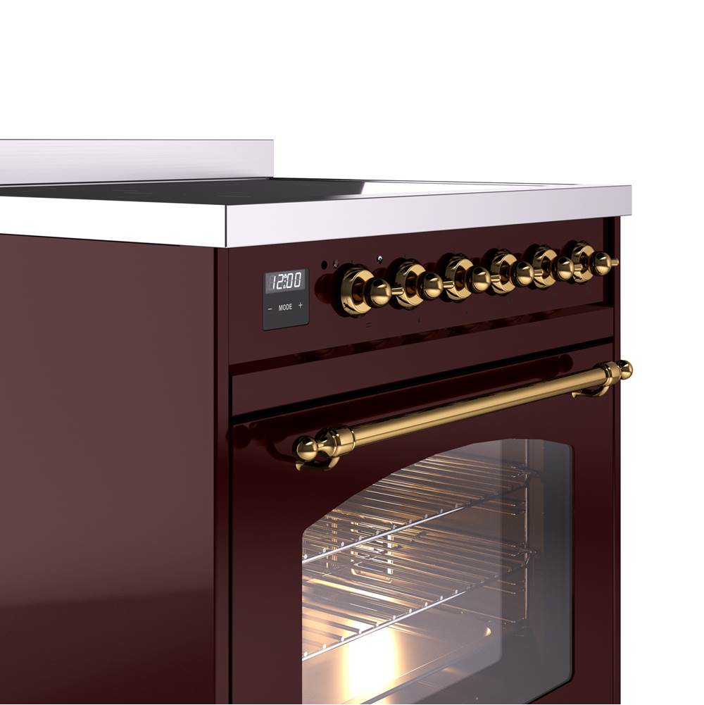 30'' Nostalgie II Series Freestanding Electric Induction Range - Burgundy - Bronze trim