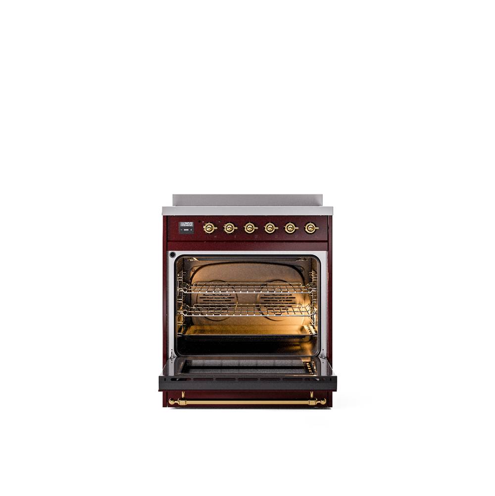 30'' Nostalgie II Series Freestanding Electric Induction Range - Burgundy - Bronze trim