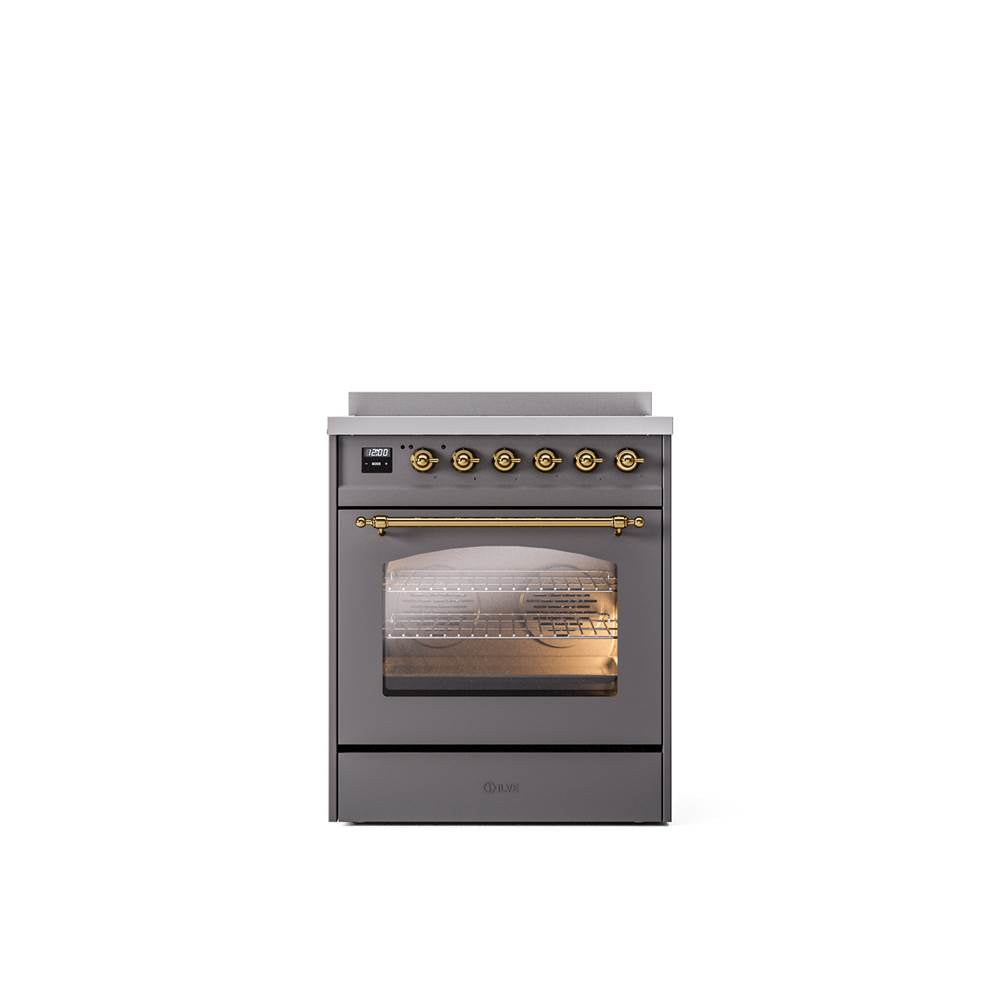 ILVE - 30'' Nostalgie II Series Freestanding Electric Induction Range - Matte Graphite - Brass trim - Brass