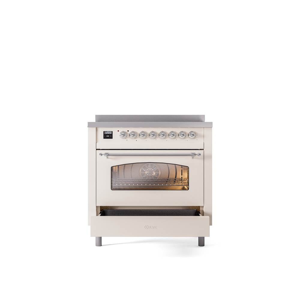 36'' Nostalgie II Series Freestanding Electric Induction Range - Antique White - Bronze trim