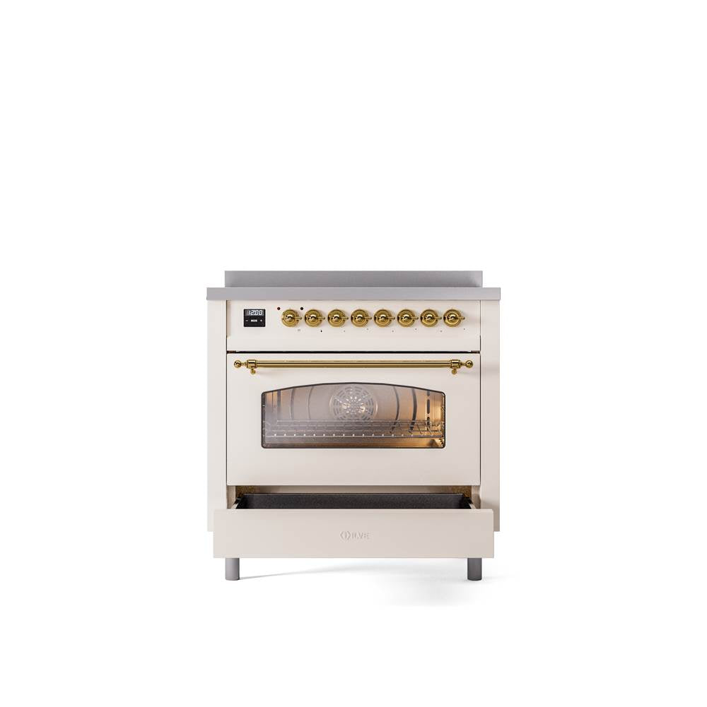 36'' Nostalgie II Series Freestanding Electric Induction Range - Antique White - Bronze trim