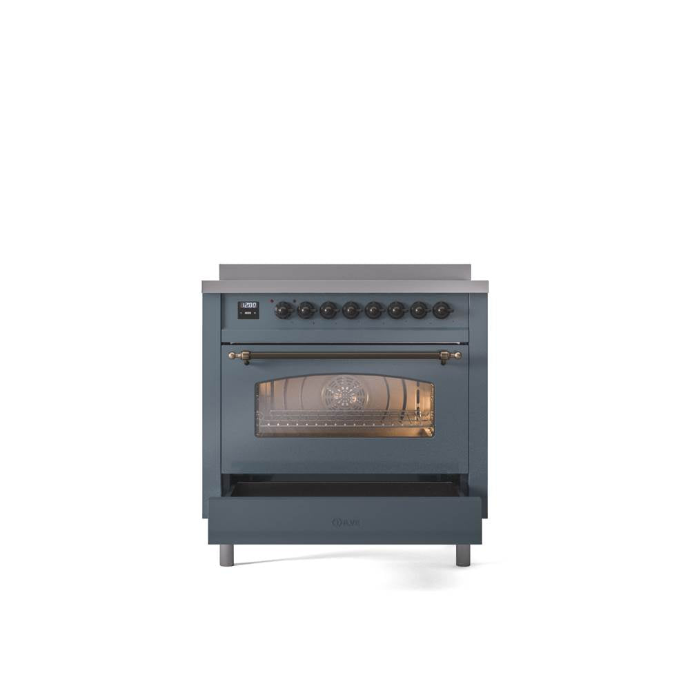 36'' Nostalgie II Series Freestanding Electric Induction Range - Blue Grey - Bronze trim