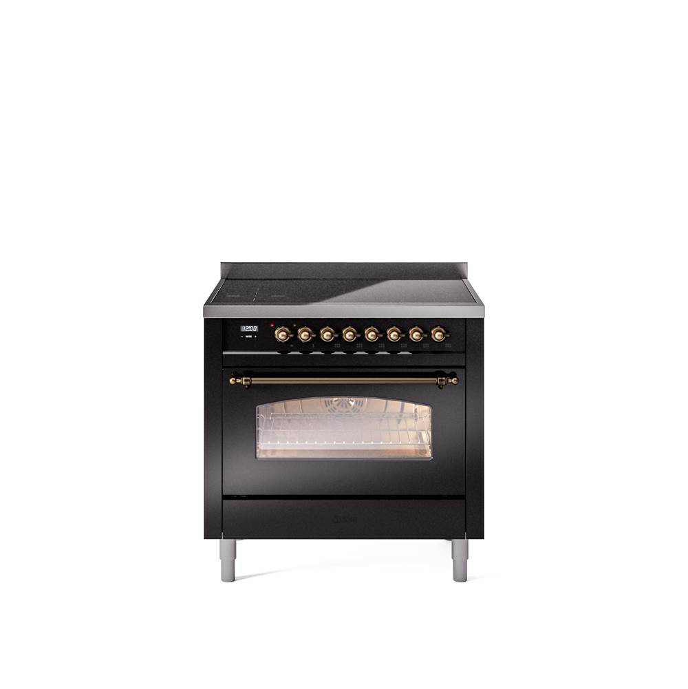 36'' Nostalgie II Series Freestanding Electric Induction Range - Glossy Black - Bronze trim
