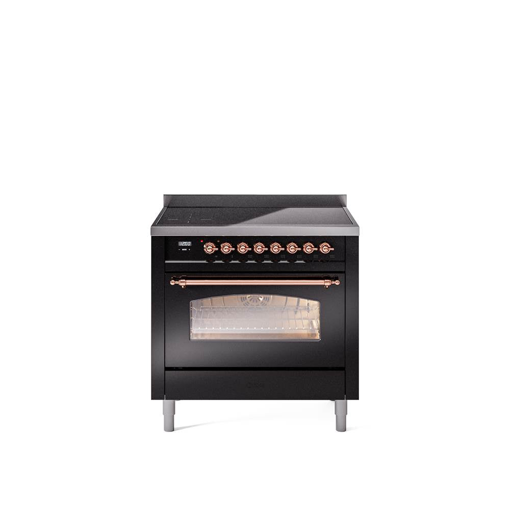 36'' Nostalgie II Series Freestanding Electric Induction Range - Glossy Black - Bronze trim