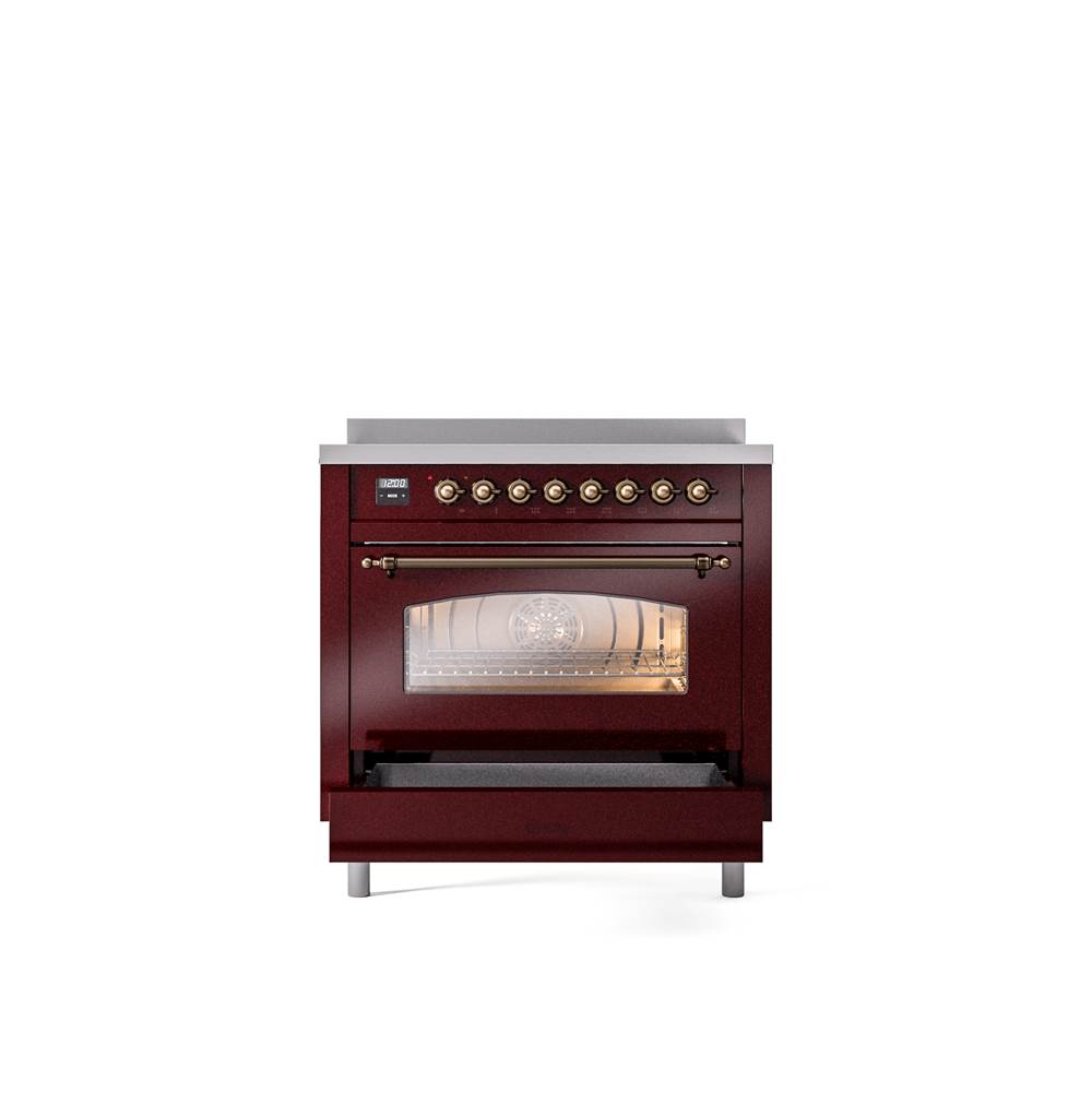 36'' Nostalgie II Series Freestanding Electric Induction Range - Burgundy - Bronze trim