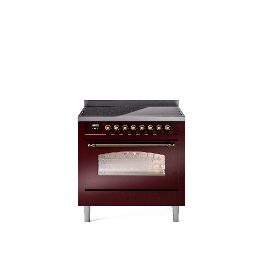 36'' Nostalgie II Series Freestanding Electric Induction Range - Burgundy - Bronze trim