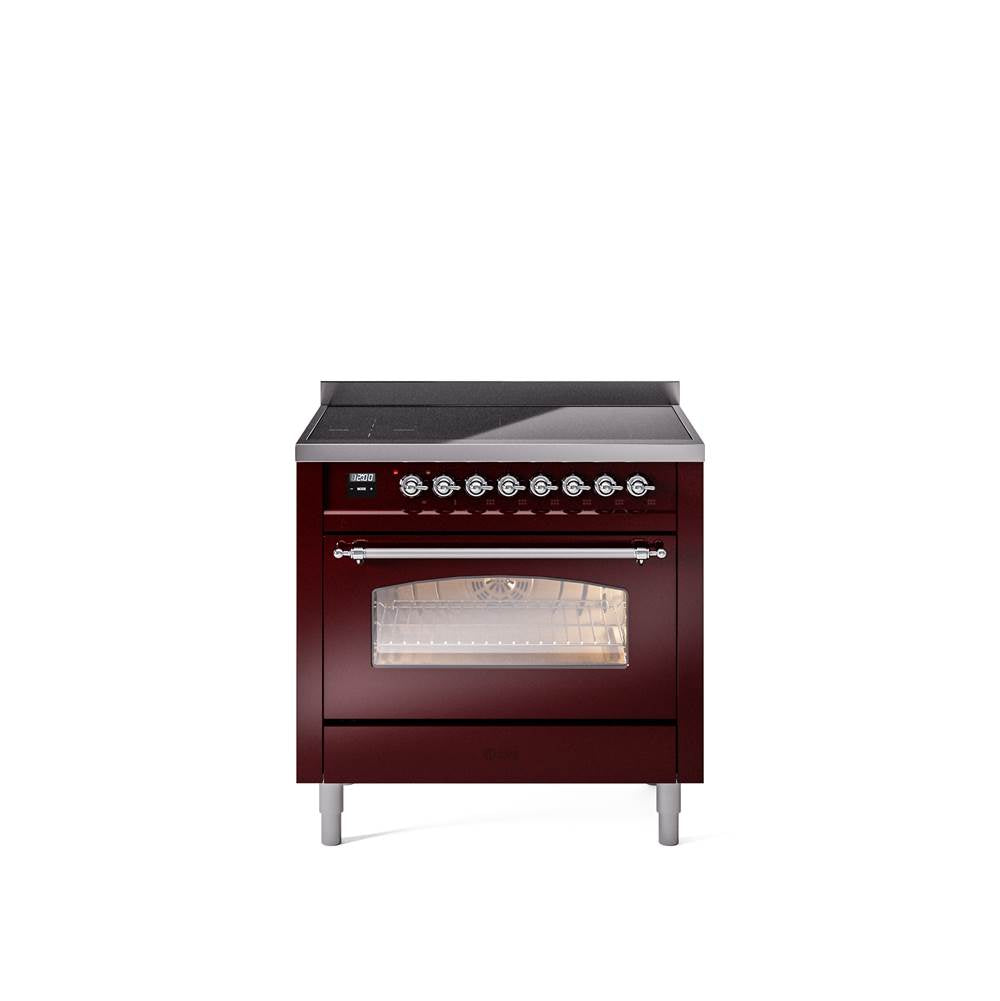 36'' Nostalgie II Series Freestanding Electric Induction Range - Burgundy - Bronze trim