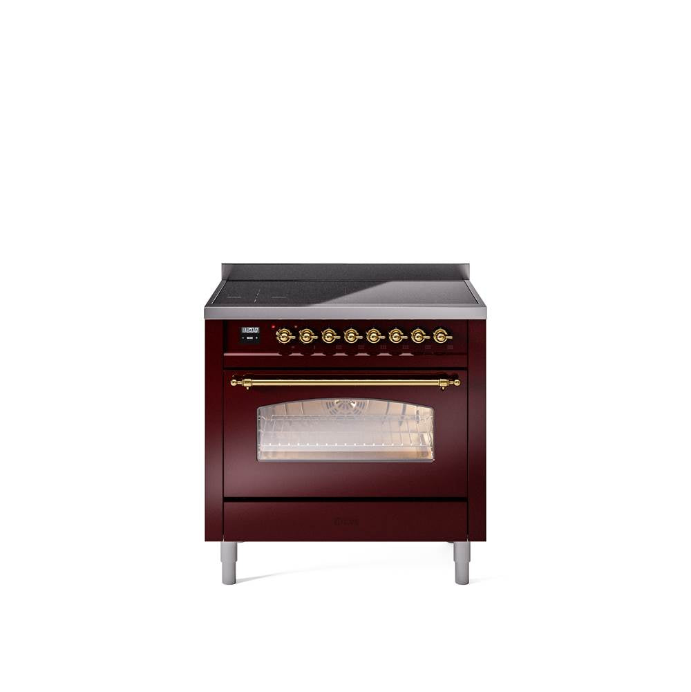 36'' Nostalgie II Series Freestanding Electric Induction Range - Burgundy - Bronze trim