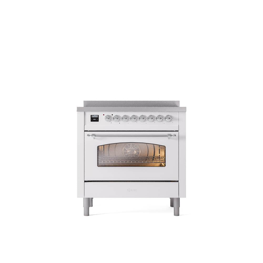 ILVE - 36'' Nostalgie II Series Freestanding Electric Induction Range - White - Chrome trim - Chrome