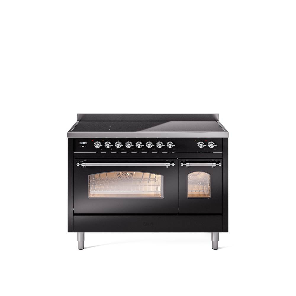 48'' Nostalgie II Series Freestanding Electric Induction Range - Double Oven - Glossy Black - Bronze trim