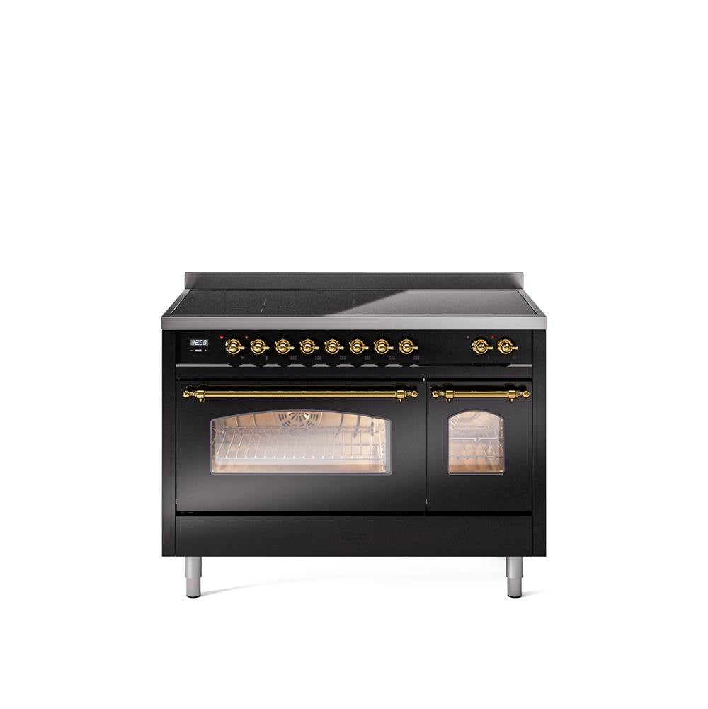 48'' Nostalgie II Series Freestanding Electric Induction Range - Double Oven - Glossy Black - Bronze trim