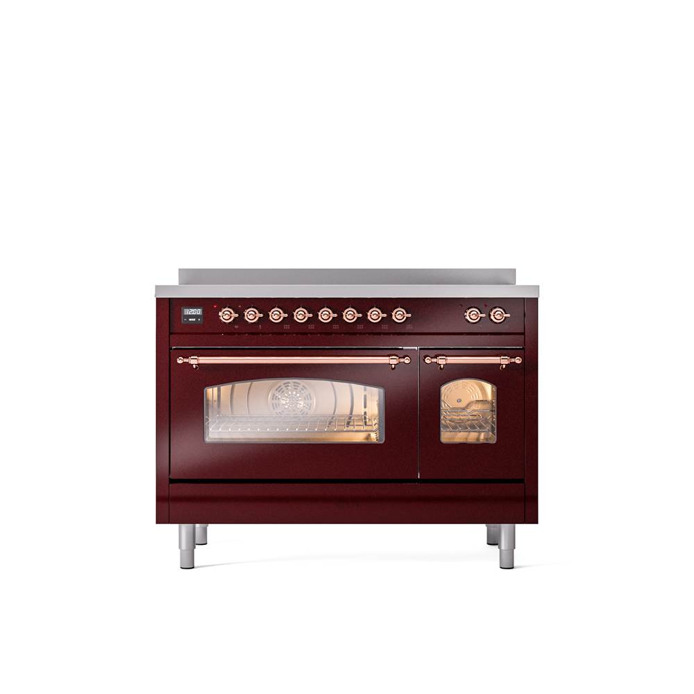 ILVE - 48'' Nostalgie II Series Freestanding Electric Induction Range - Double Oven - Burgundy - Copper trim - Copper