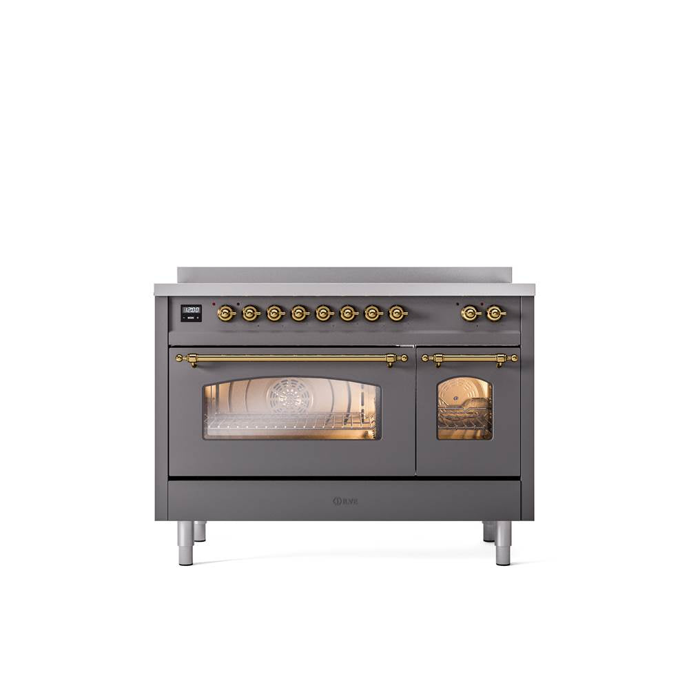 ILVE - 48'' Nostalgie II Series Freestanding Electric Induction Range - Double Oven - Matte Graphite - Brass trim - Brass