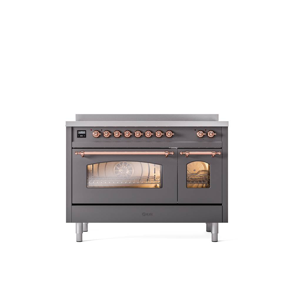 ILVE - 48'' Nostalgie II Series Freestanding Electric Induction Range - Double Oven - Matte Graphite - Copper trim - Copper