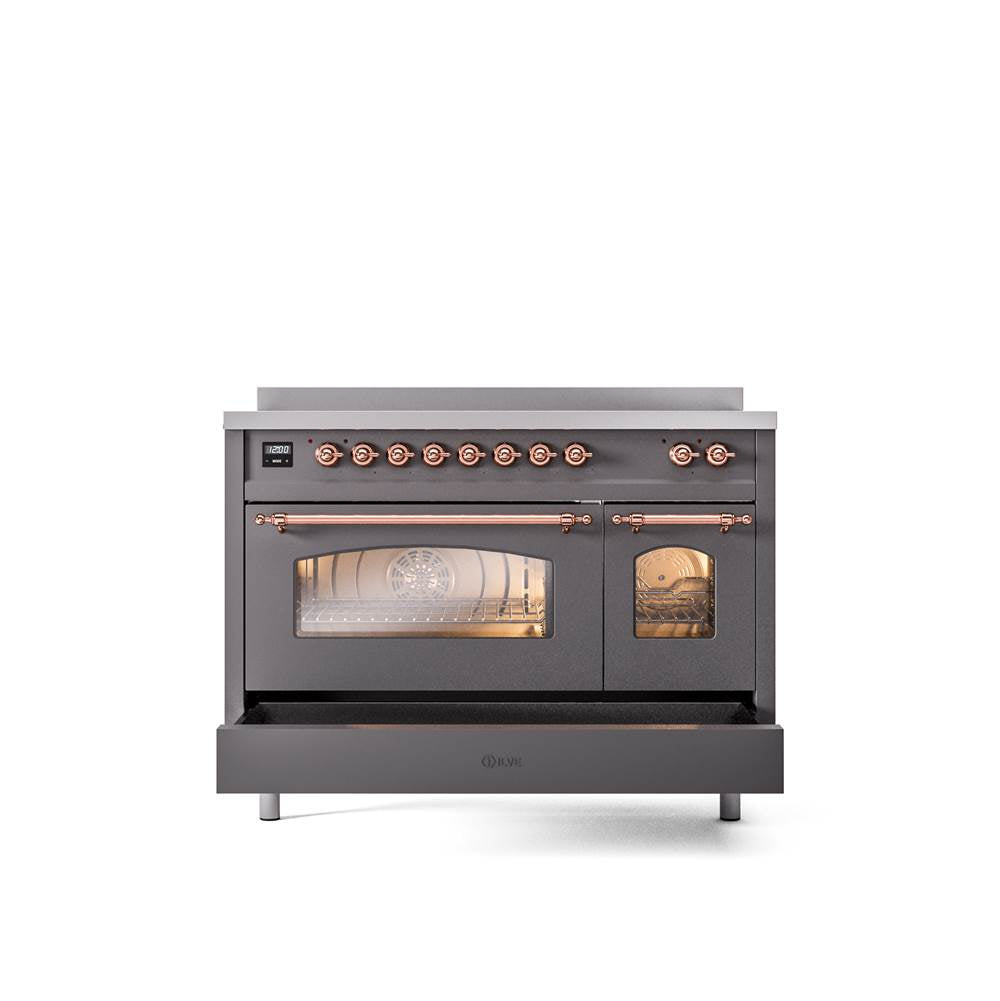 48'' Nostalgie II Series Freestanding Electric Induction Range - Double Oven - Matte Graphite - Bronze trim