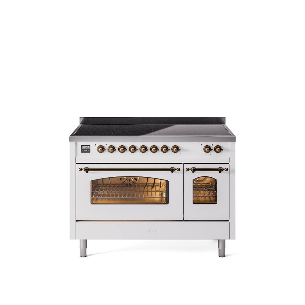 48'' Nostalgie II Series Freestanding Electric Induction Range - Double Oven - White - Bronze trim