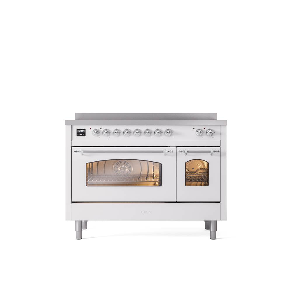 ILVE - 48'' Nostalgie II Series Freestanding Electric Induction Range - Double Oven - White - Chrome trim - Chrome
