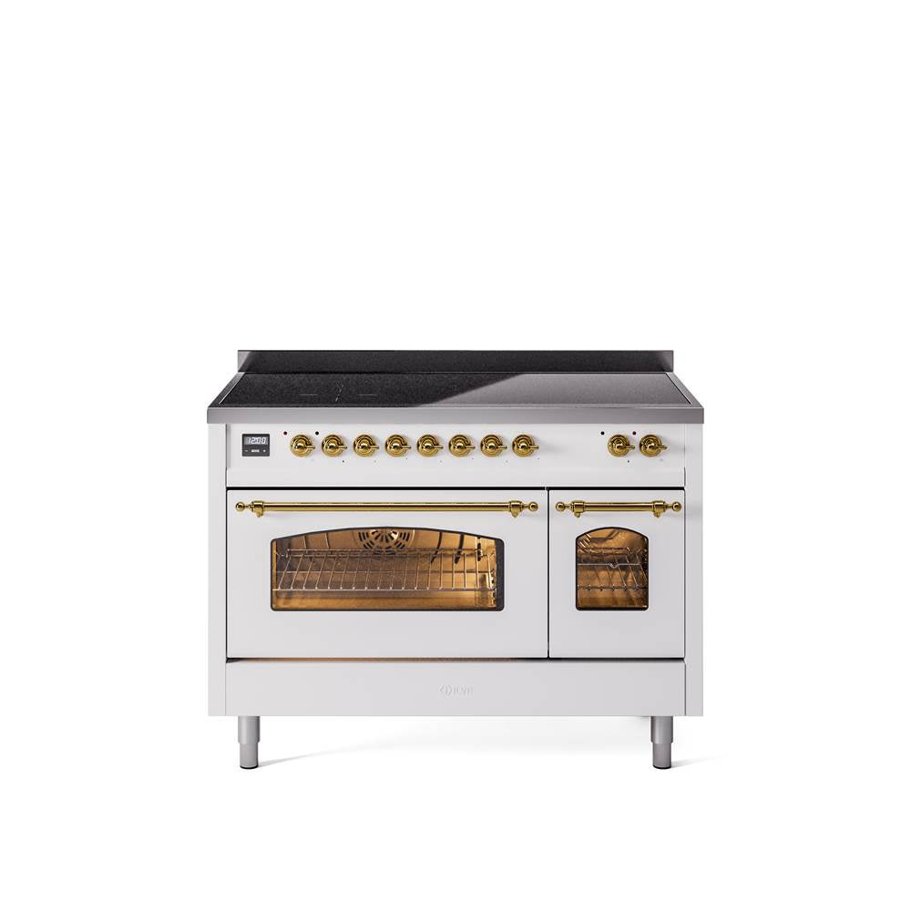 48'' Nostalgie II Series Freestanding Electric Induction Range - Double Oven - White - Bronze trim