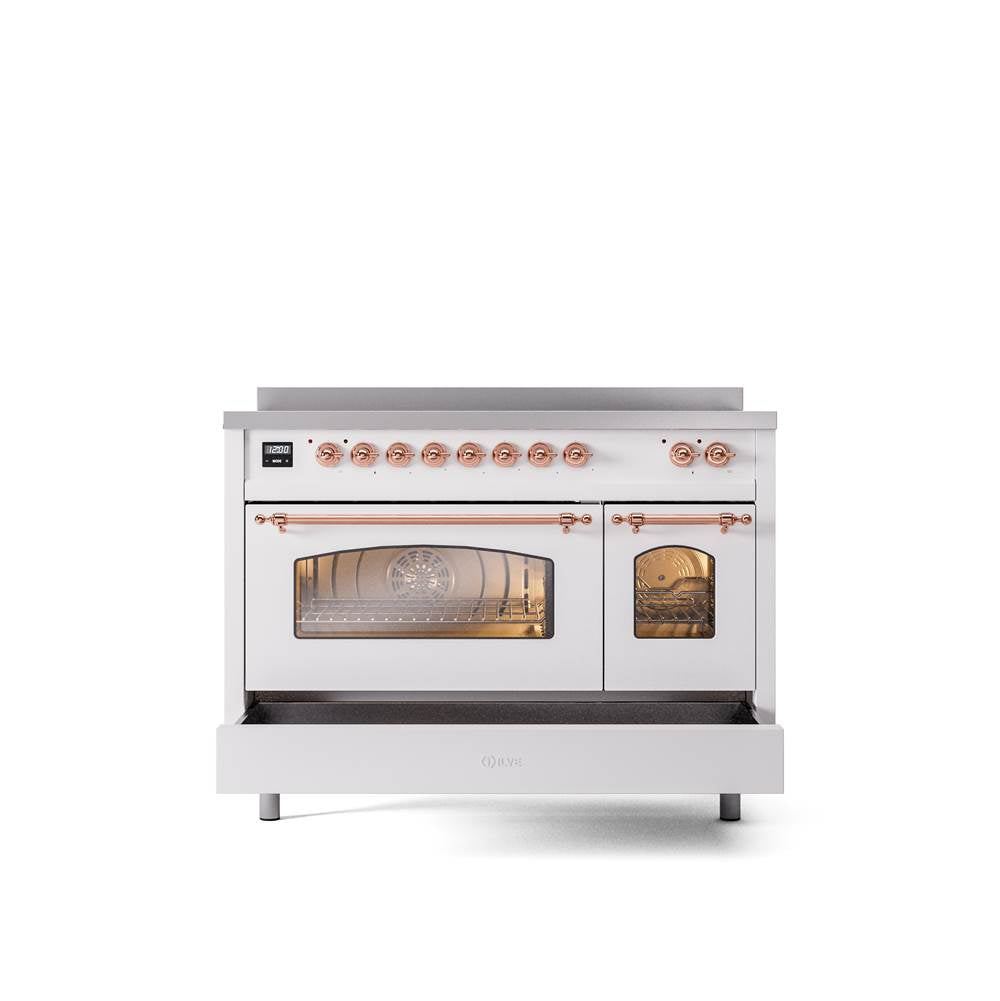 48'' Nostalgie II Series Freestanding Electric Induction Range - Double Oven - White - Bronze trim