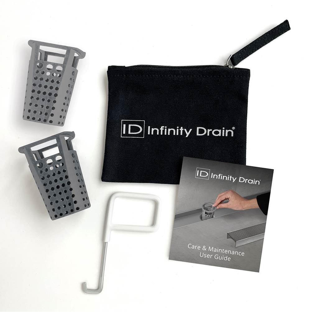 Infinity Drain - Hair Maintenance Kit. Includes maintenance guide, AKEY Lift-out key, and (2) HB 32 Hair Baskets.