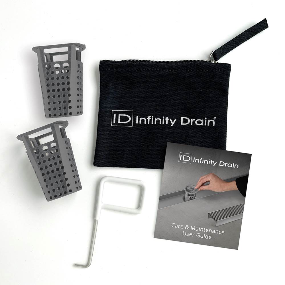 Infinity Drain - Hair Maintenance Kit. Includes maintenance guide, DKEY Lift-out key, and (2) HB 32 Hair Baskets.