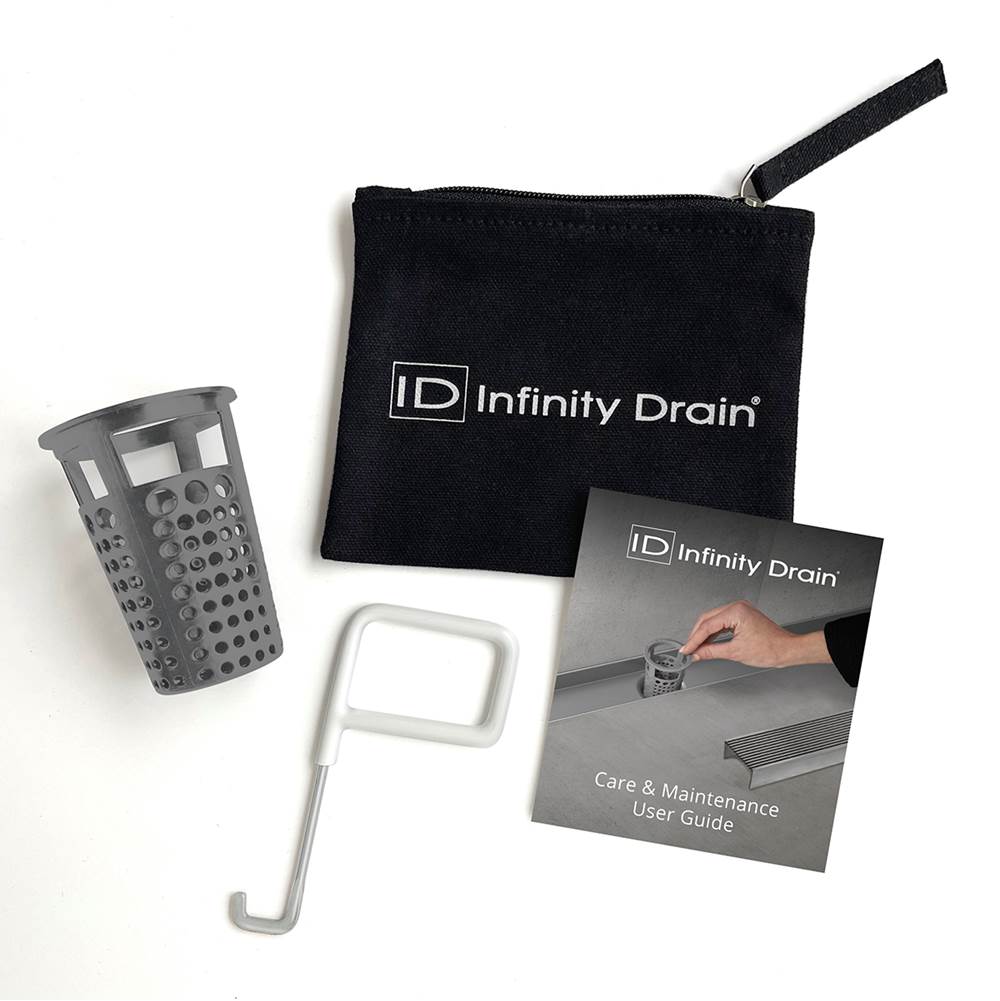 Infinity Drain - Hair Maintenance Kit. Includes maintenance guide, AKEY Lift-out key, and HB 65 Hair Baskets.