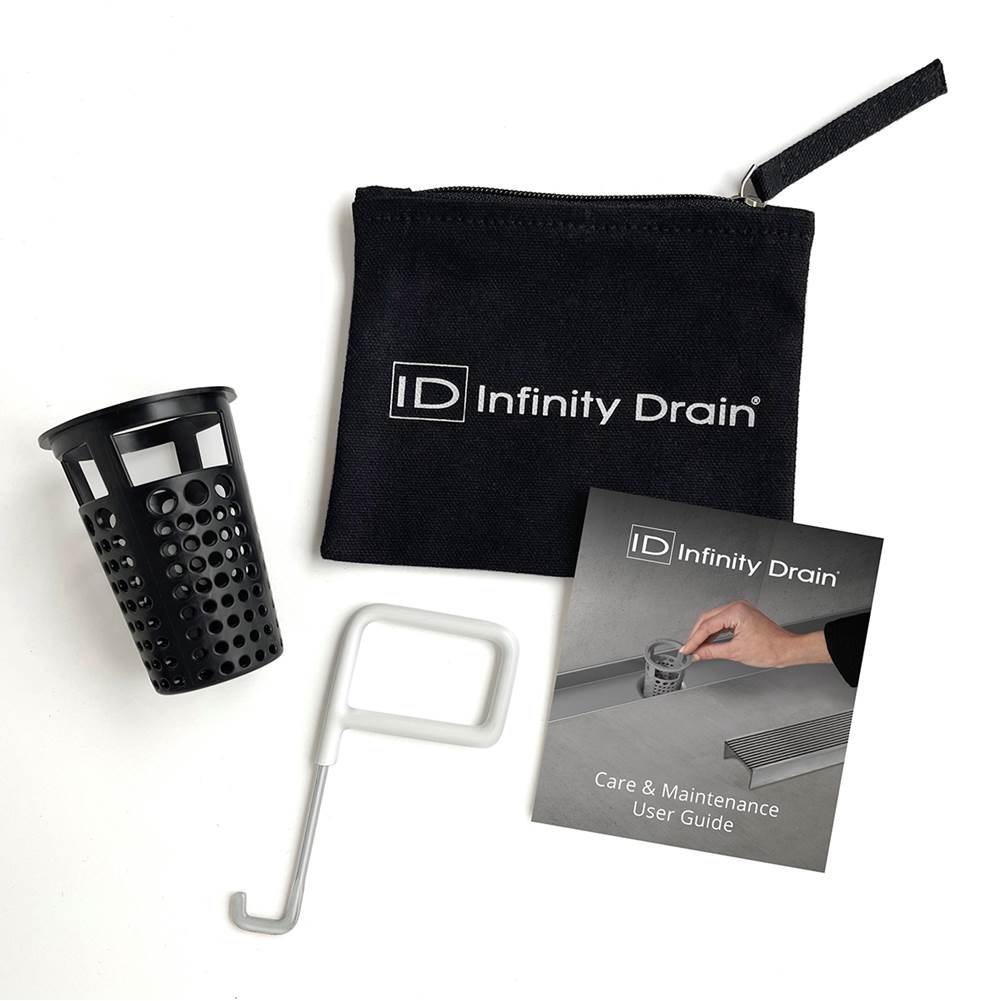 Infinity Drain - Hair Maintenance Kit. Includes maintenance guide, AKEY Lift-out key, and HB 65B Hair Basket in black.