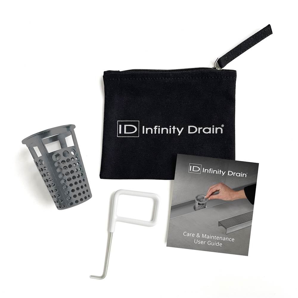 Infinity Drain - Hair Maintenance Kit. Includes maintenance guide, DKEY Lift-out key, and HB 65 Hair Basket.